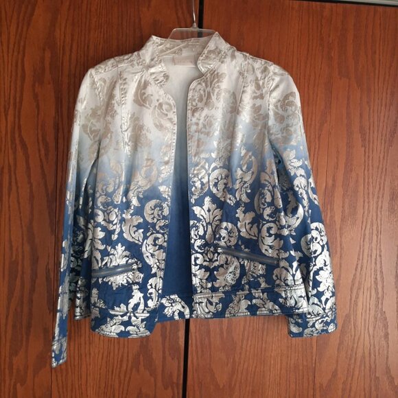 NEW ! Chico's Women Front Denim Jacket White Blue Ombre Silver Metallic Size 1
